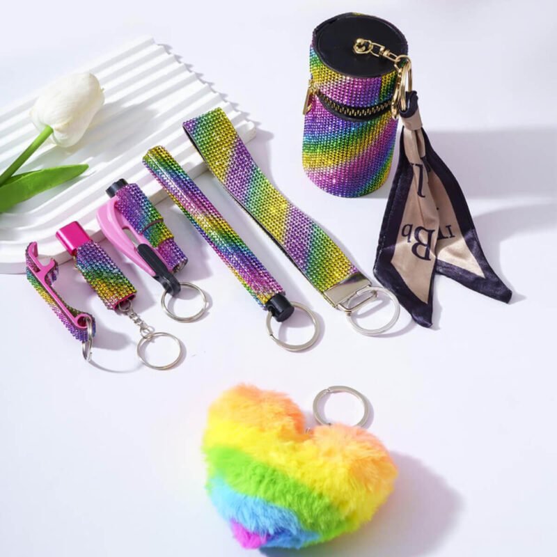 7 piezas Llavero Corazón Arco Iris Kits de Autodefensa para Mujer