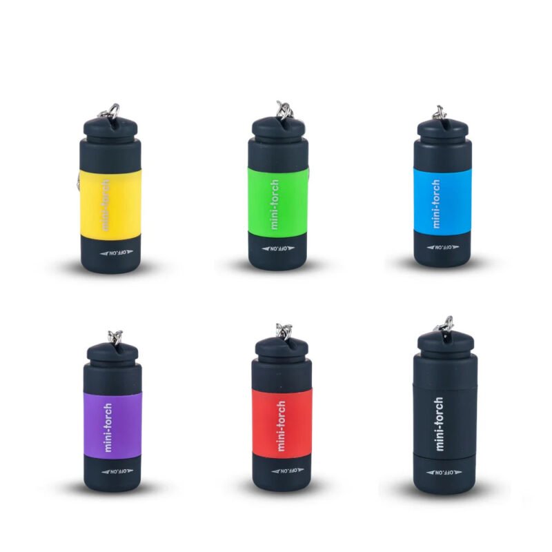 Mini Linterna LED Llavero de Seguridad Foto de Grupo con 6 colores de amarillo, verde, azul, morado, rojo y negro