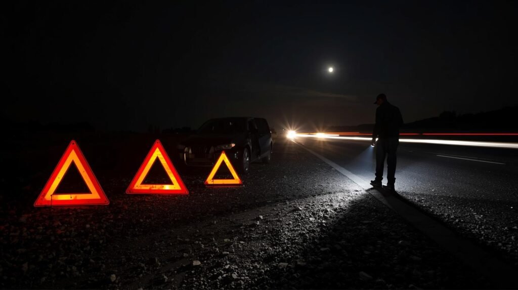 Post-accident scene showing reflective warning triangles placed at safe distances